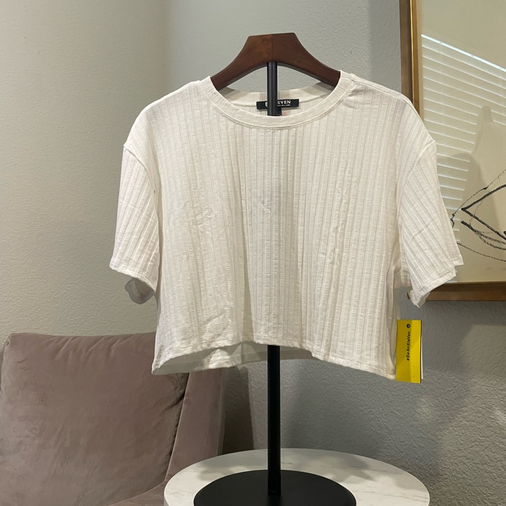 EleVen by Venus Williams Cream Crop Top with Ribbed Texture